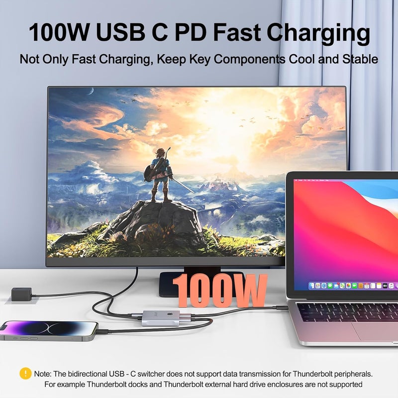 ALXUM مفتاح USB C ثنائي الاتجاه - 2 في 1 خارج/1 في 2 خارج، حاسوبان يشاركان شاشة واحدة، مفاتيح KVM تدعم فيديو 8K@60Hz ونقل بيانات 10Gbps، كابلات USB-C مشمولة - Image 2
